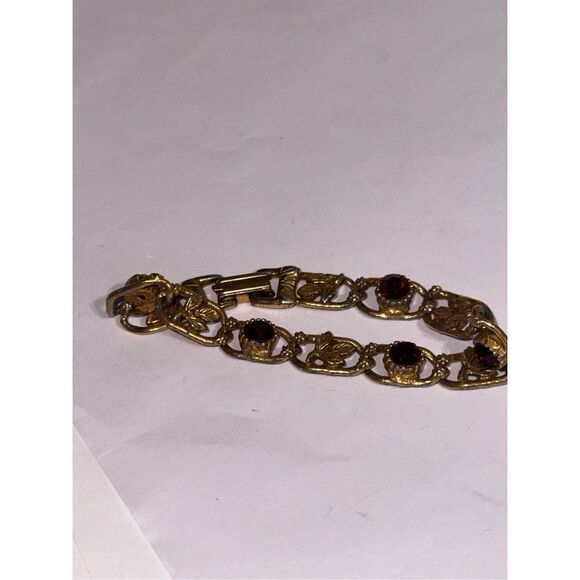 Vintage 1960's GOLDETTE Charm Link Bracelet RUBY STONES Links GOOD VINTAGE CONDI - Picture 6 of 7